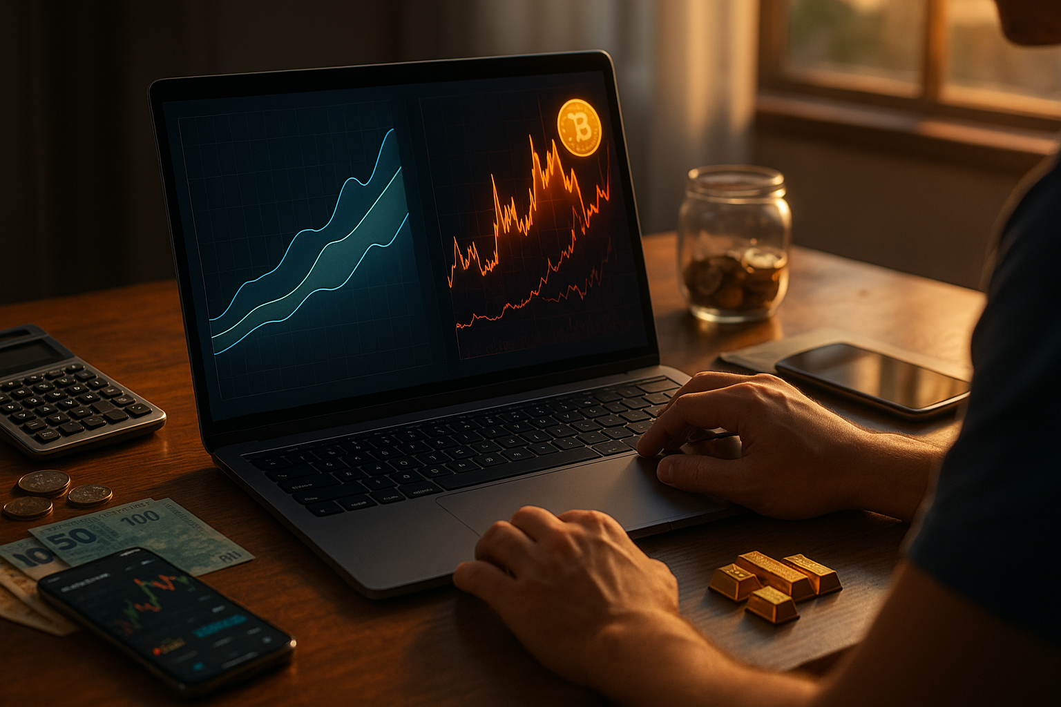 ilustracao de carteira de investimentos com renda fixa e criptomoedas lado a lado