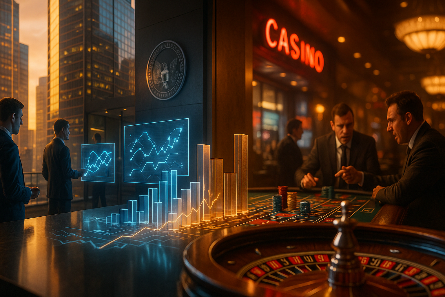 metade de um cassino fisico e metade de um app de prediction market representando o racha na industria