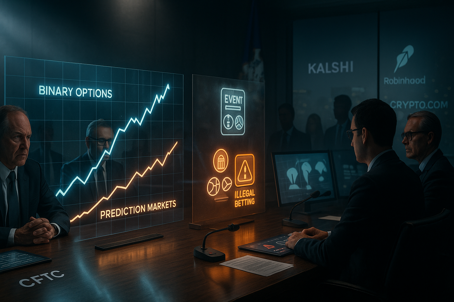 sala de reuniao institucional simbolizando roundtable da cftc sobre prediction markets e regulacao de opcoes binarias em 2025