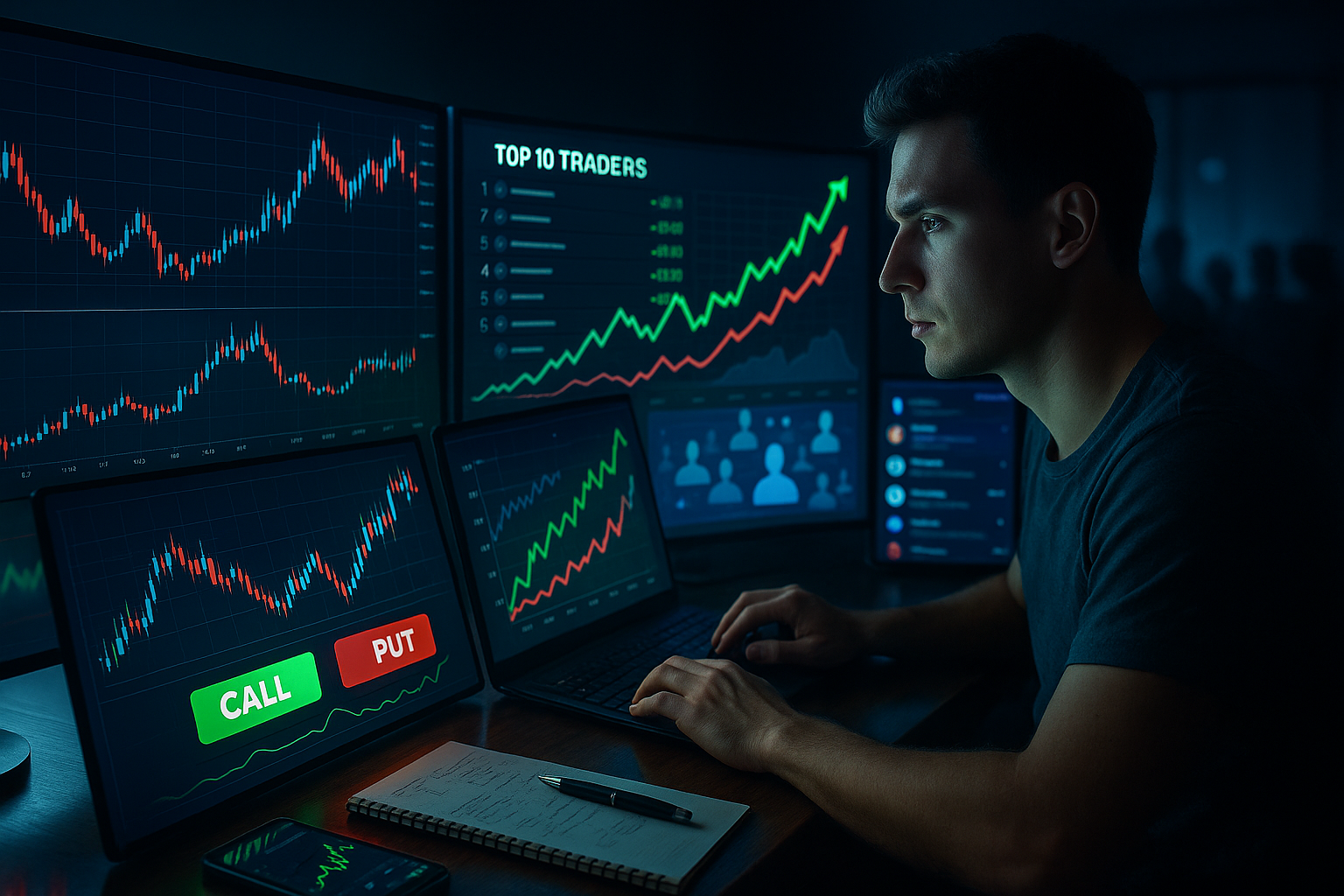 checklist em papel ao lado de notebook com graficos representando analise de copytrade e salas de sinais