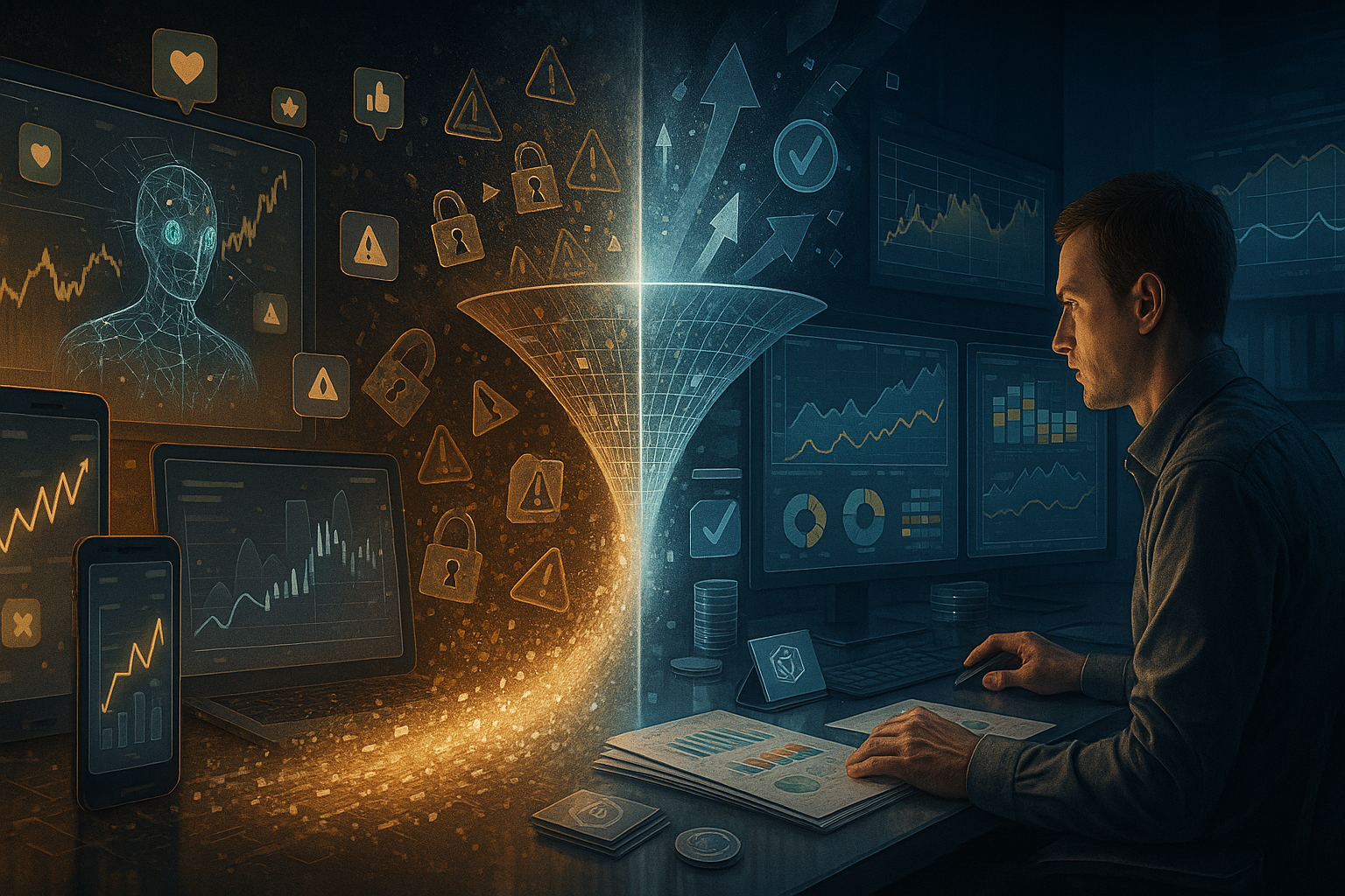 Mesa de trader com painel de limites e gestão de risco em opções binárias para evitar perda acelerada