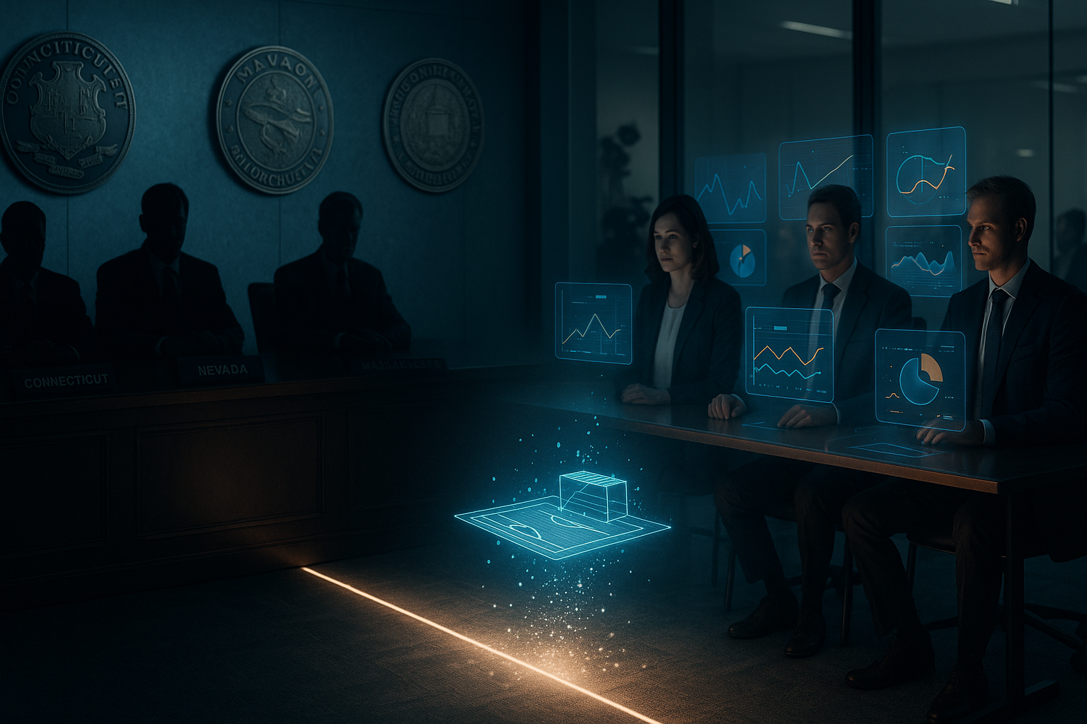 mesa de reguladores em nevada analisando contratos de evento considerados jogo ilegal