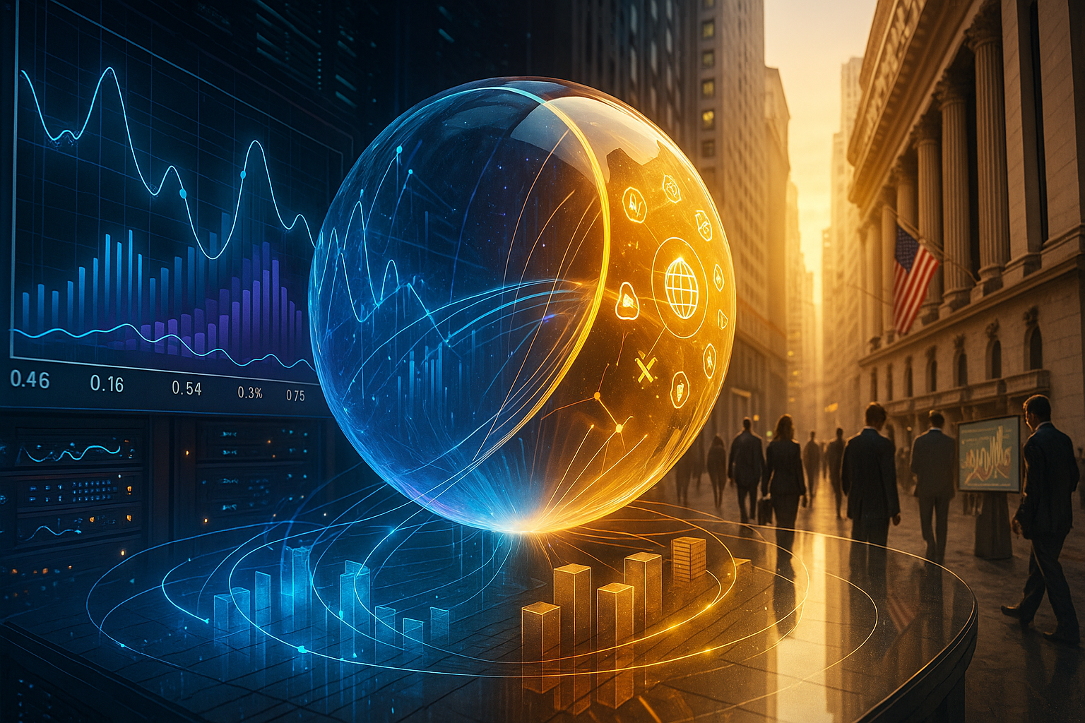 ilustracao de edificio da cftc em washington com graficos digitais representando contratos de evento da polymarket