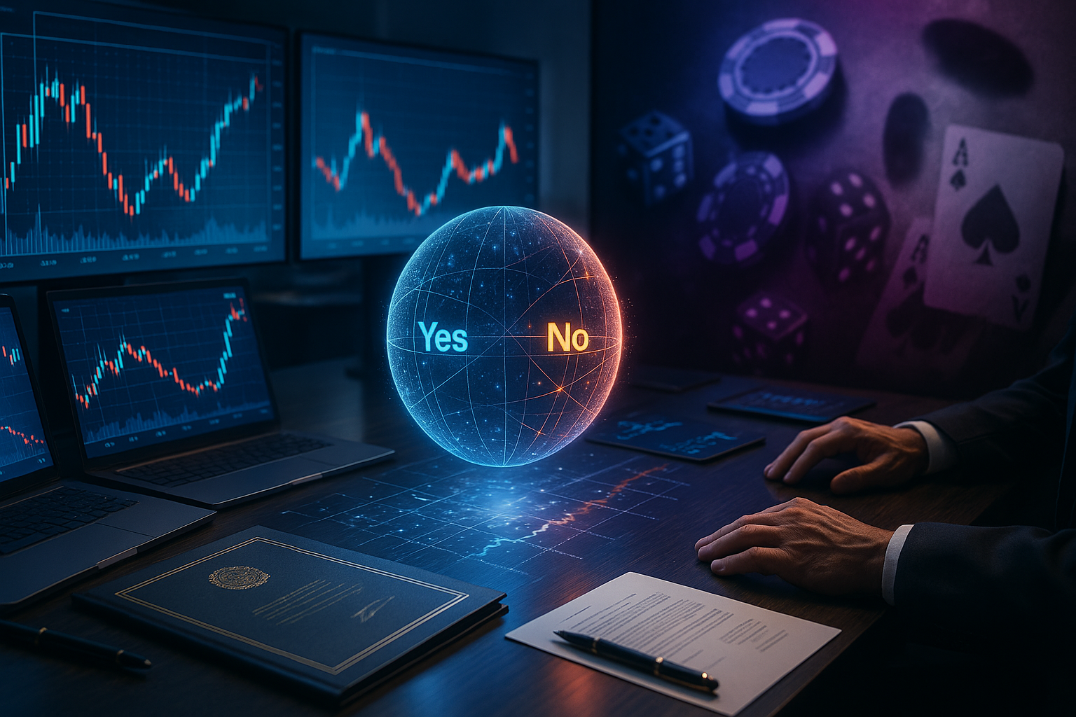 painel digital com gráficos e perguntas sim ou não representando prediction markets e opções binárias reguladas pela CFTC