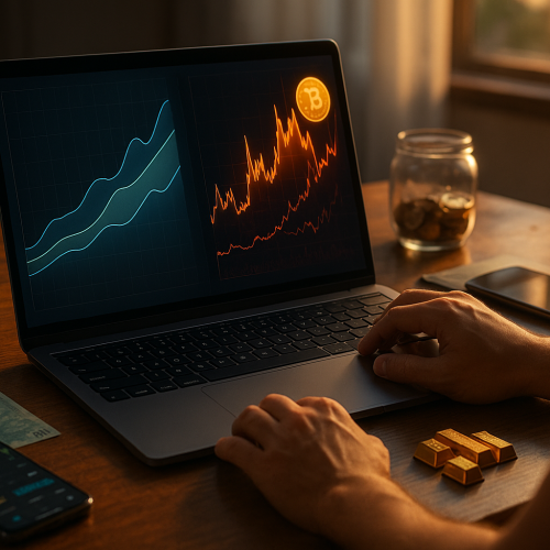 ilustracao de carteira de investimentos com renda fixa e criptomoedas lado a lado