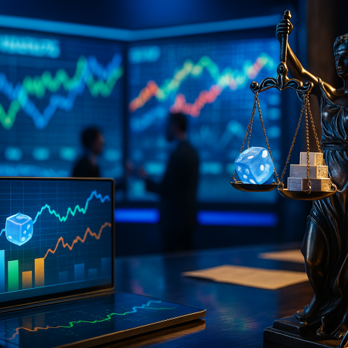 juiz em tribunal com numeros digitais ao fundo representando o caso de 451 milhoes de dolares em fraude global de opcoes binarias