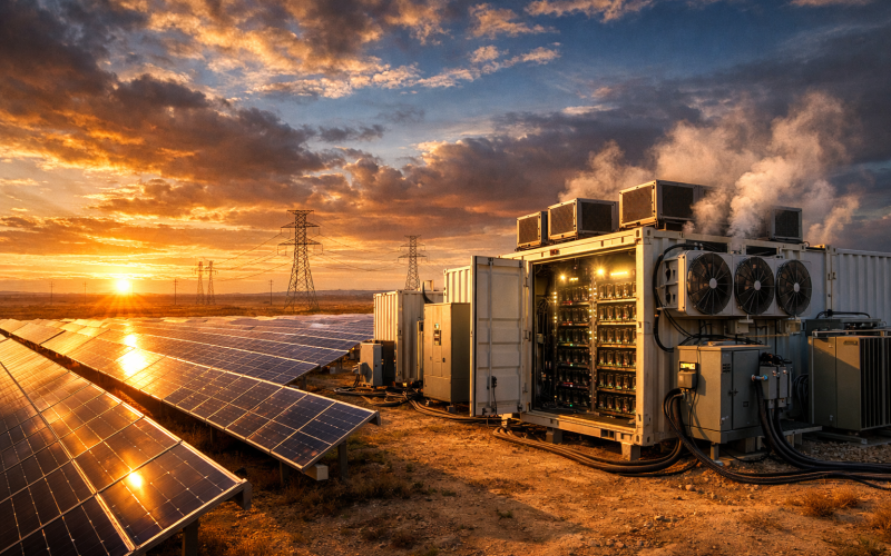 Mineração de Bitcoin em fazenda solar no Texas: quando o minerador vira “consumidor flexível” da rede elétrica