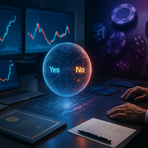 painel digital com gráficos e perguntas sim ou não representando prediction markets e opções binárias reguladas pela CFTC