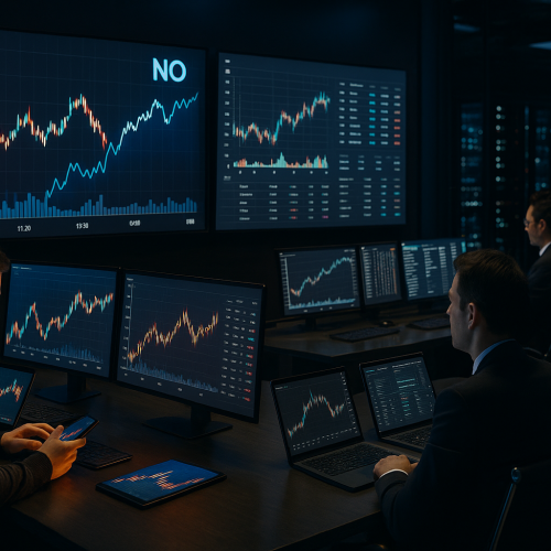 sala de trading institucional com telas mostrando derivativos e contratos binários listados em bolsa