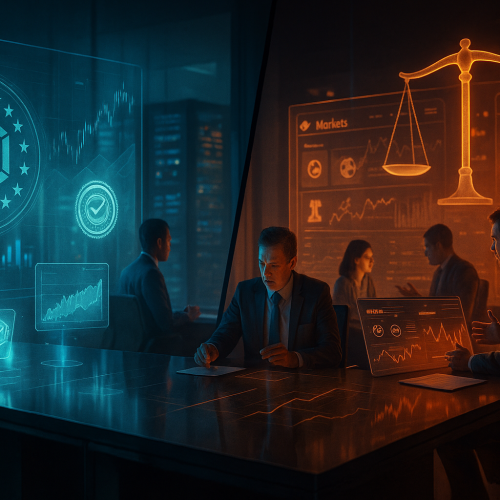 trader observando no notebook contratos binários de evento com alertas de risco regulatório