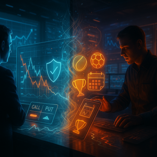 trader olhando para uma plataforma de opções binárias com ícones de alerta de golpe e risco